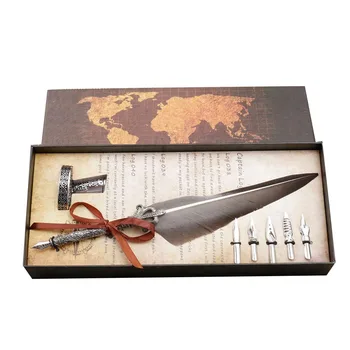 

(Q) 1Set English Calligraphy Feather Dip Pen Writing Ink Set Stationery Gift Box with 5 Nib Wedding Gift Quill Pen Fountain