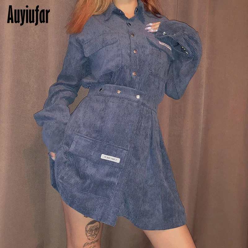 

Auyiufar Fashion Solid Slim Two Piece Skirt Set For Women Casual Long Sleeve Shirts Female Clothes 2019 Autumn New