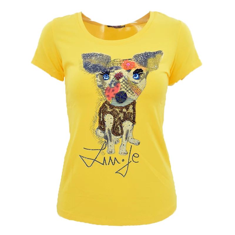 2018 Chic Dog Print Women Summer T shirt Women fashion Tops Rhinestone