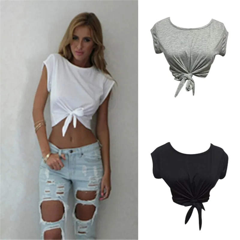 

2017 Summer Style Casual Sexy Tank Top For Ladies Casual Tops Woman Plain Round Neck Short Sleeve Tie Front Ribbed Crop Tank Top