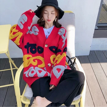

Autumn Winter Personality Women Sweater Casual Knitted Cardigan Coat Open Stitch Jacket Loose Button V-Neck Outerwear Warm Girl