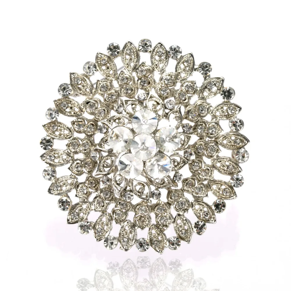 Rhodium Silver Plated Rhinestone Crystal Diamante Large Flower Brooch