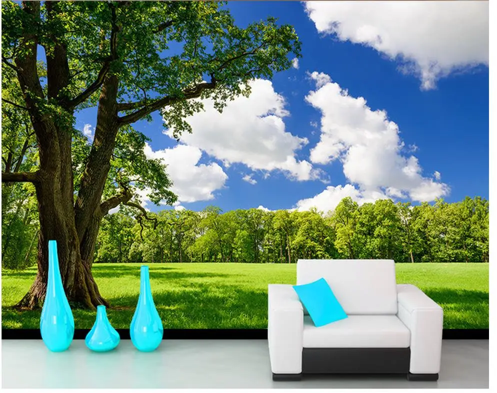 custom 3d wallpaper Tree blue sky white clouds grass TV background wall  photo 3d wallpaper Home Decoration