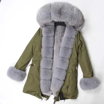 Пальто из натурального меха, зимняя куртка, бренд, Женское пальто, Воротник из натурального Лисьего меха, свободная длинная парка, уличная одежда, новая корейская мода - Цвет: green coat gray fur