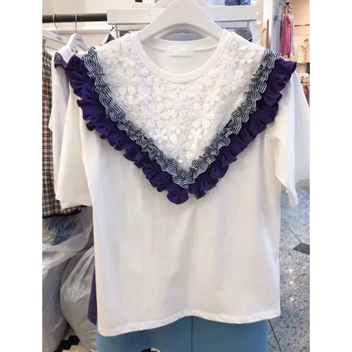 blue t shirt Korobov милые кружевные оборки модного цвета, в стиле пэчворк Корейская женская футболка с короткими рукавами и круглым вырезом Женская одежда футболки Feminina 77765 - Цвет: blue t shirt