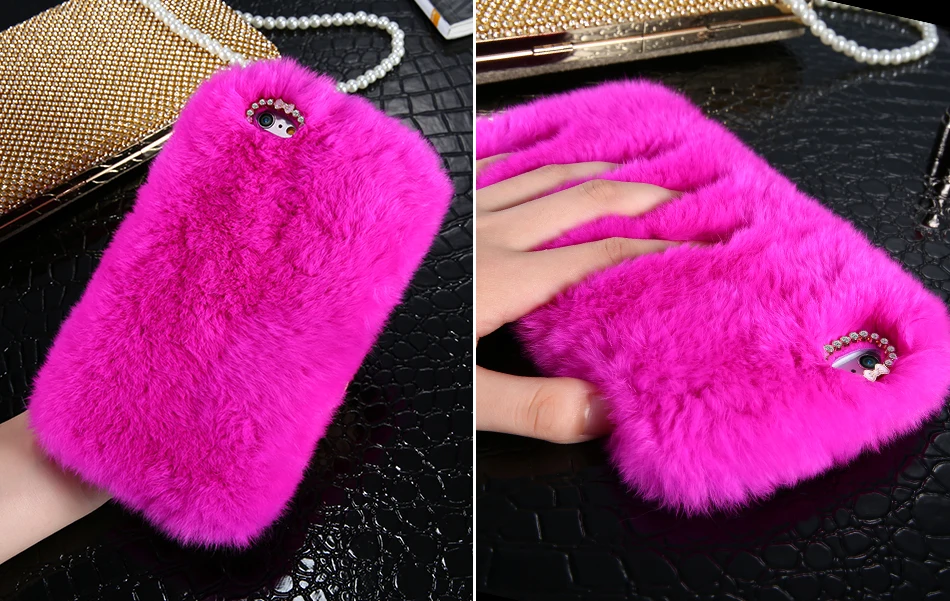 Rhinestone Bling Fluffy Rabbit Hair Case For iPhone 6 6S BOB (6)