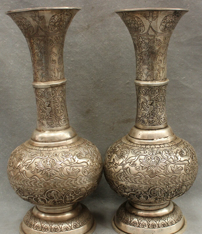 

fast shipping USPS to USA S1443 14" Chineae FengShui Silver Lotus Beast Bird Statue Flower Bottle Vase Pot Pair