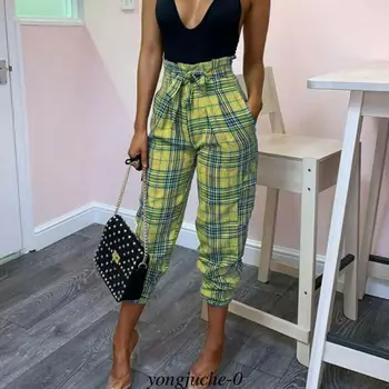 

Women High Waist Summer Casual Trousers Check Plaid Tartan Slimmer Fit Unique Design Simple Stylish Pants New Daily Clothes