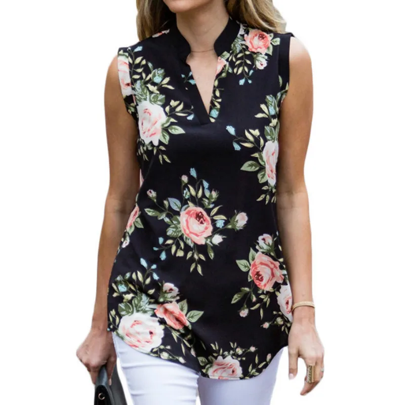 

2019 Hot Selling Sexy Floral Printed Sleeveless Chiffon Women Shirt Off The Shoulder Tops for Women Tshirt Women