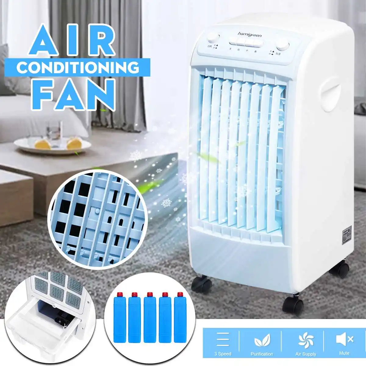 

220V Air Conditioner Cooler Fan Ice Purifier Humidifier Remote Control & Hour Timer 3 Wind Modes Negative Ion Air Purification