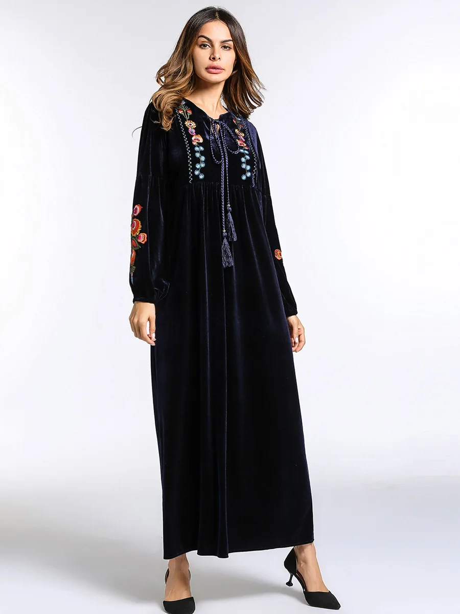 Модные женские макси платья вышивка бархат зима abaya теплые халаты свободный стиль мусульманский стиль; Ближний Восток Арабский исламский одежда
