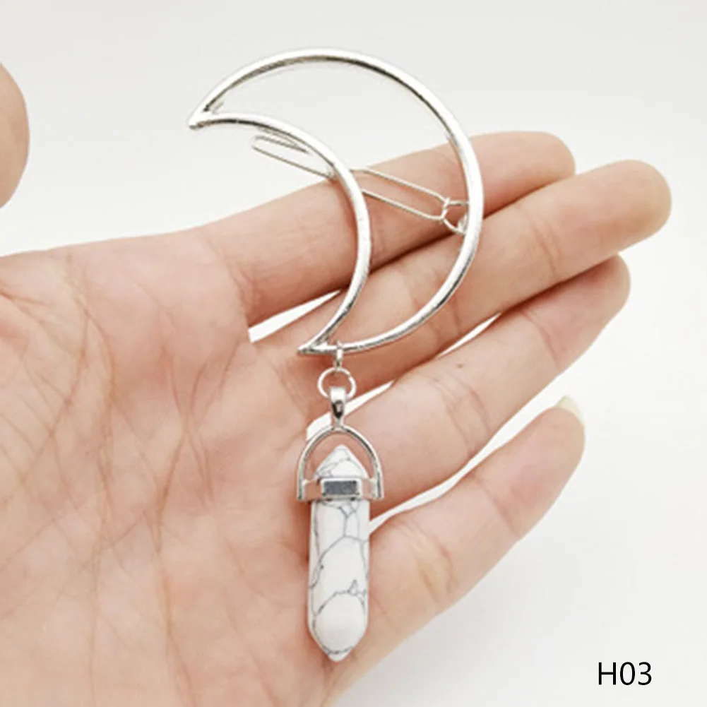 

New Mode Style Nature Stone Hexagonal Column Pendant Hairpins Silver Moon Hair Clip Charm Hairwear Hair Accessories Gifts