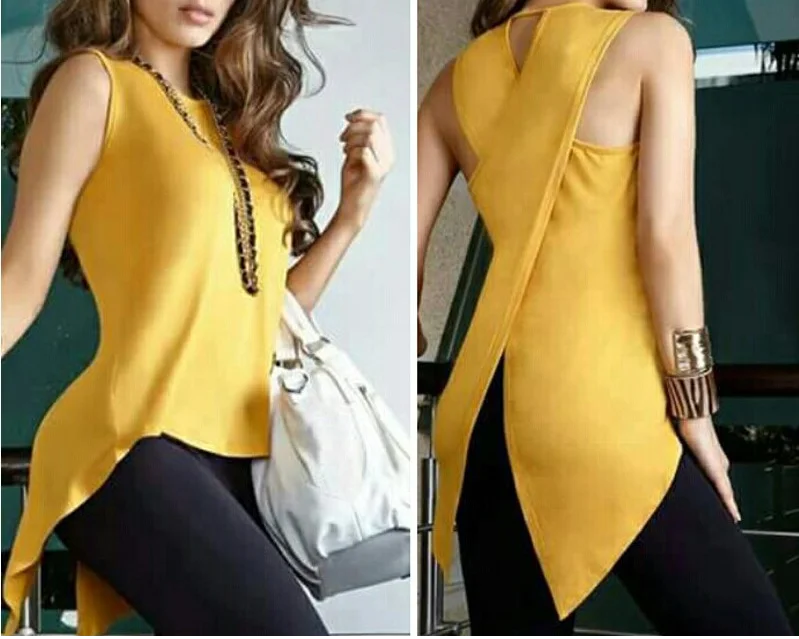 Summer Yellow Blouses Sleeveless Ladies Top Cross Irregular O-Neck Woman Blouse Female Shirt Tops Tank 3XL 2019 OL Elegant Wear