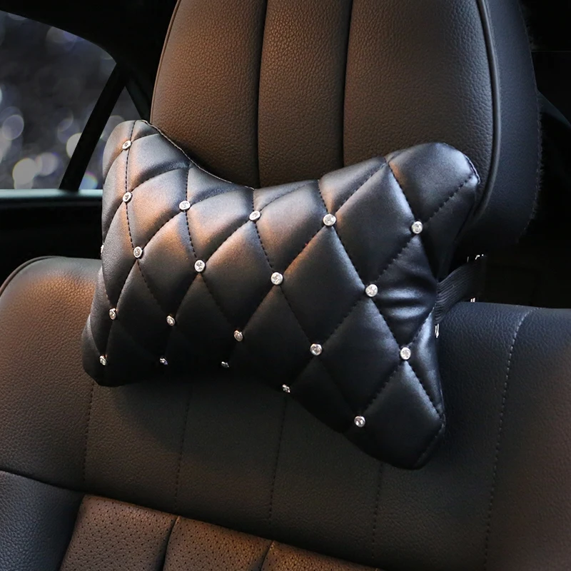 Fashion Rhinestones Car Pillows PU Leather Car Neck Pillow Headrest