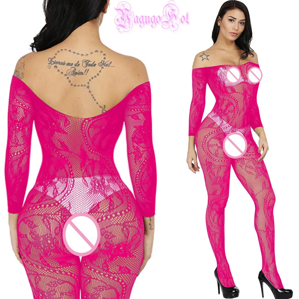 Sexy Fishnet Sheer Crotchless Swirly Lace Teddy Floral Long Sleeved Bodystocking Lingerie Intimates Babydoll Bodysuit Catsuit