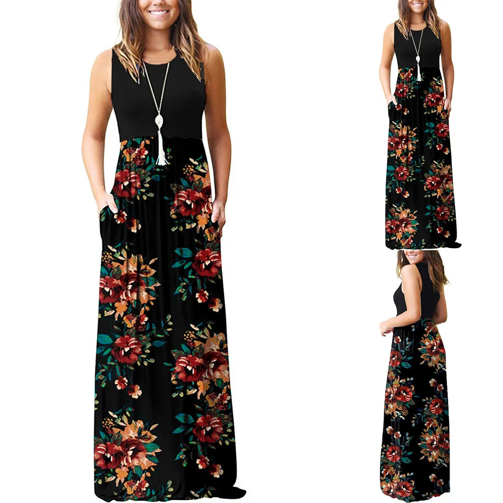 

feitong Elegant Women's Dress Vestidos formal sexy dress Floral Print Pockets Loose Maxi Loose Sleeveless Party Vestidos#3