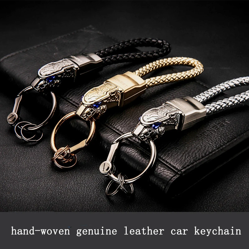 

hand-woven genuine leather Leopard head keychain key ring panther car key chain key holder high quality chaveiro llaveros hombre