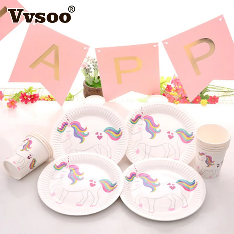 Vvsoo 10 шт. единорог; Фламинго бумажные чашки тарелки одноразовые Посуда украшения для свадьбы дня рождения Детские вечерние принадлежности для душа