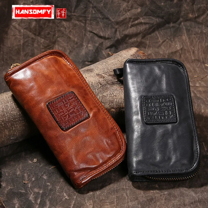 

BJYL Genuine Leather long zipper large - capacity hand - by wallet men and women locomotive retro checking Leather wallet purses