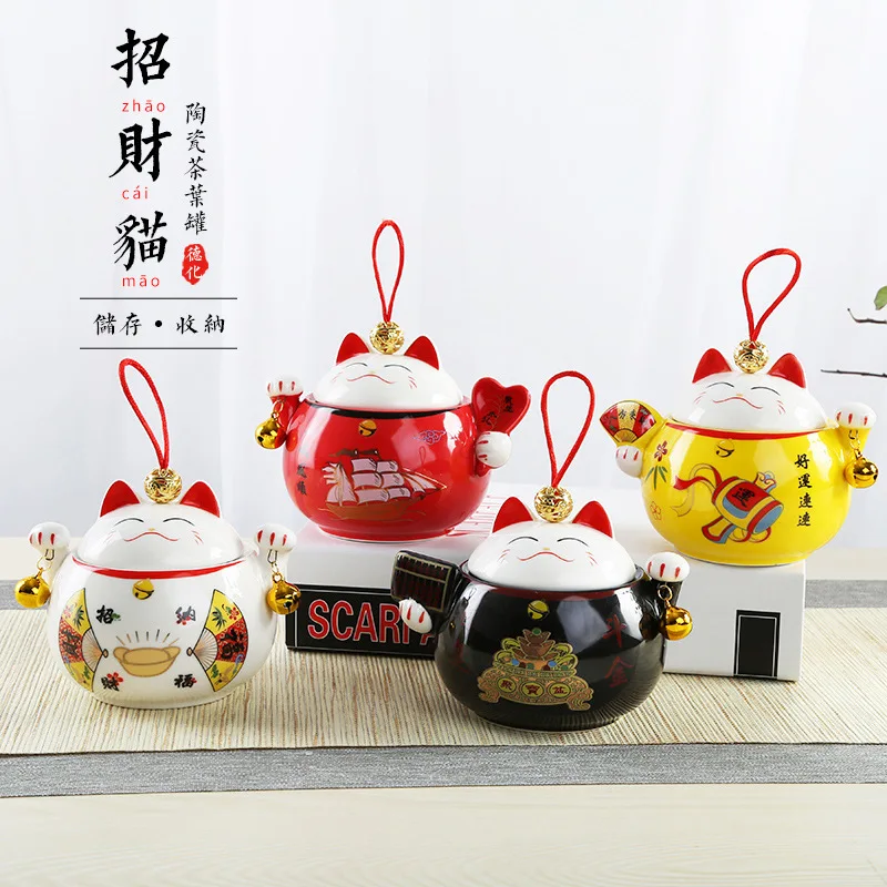 

Fortune Cat Series Ceramic Storage Tanks Lucky Cat Pu 'er Tea Leaf Box Portable Mini Travel Storage Sealed Jar Home Decor