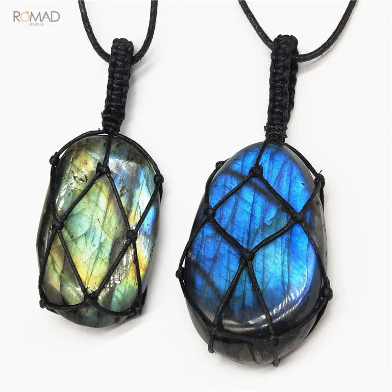 

Labradorite Necklace For Men Women Energy Necklace Natural Stone Pendant Wrap Braid Necklace Yoga Macrame Chain collar mujer W3
