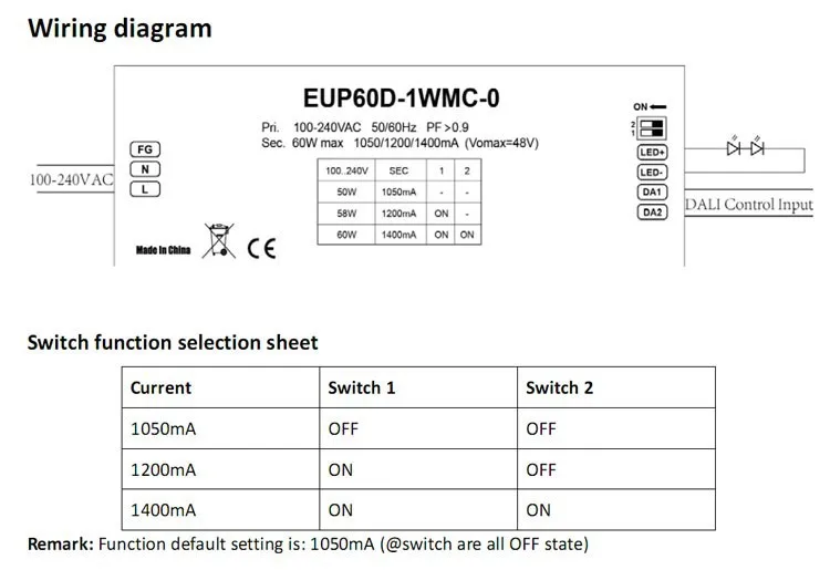 Постоянный ток с цифровым адресным интерфейсом диммер декодер серии 120-240VAC 1050mA/1200mA/1400mA* 1 канал светодиодная лампа DALI контроллер EUP60D-1WMC-0