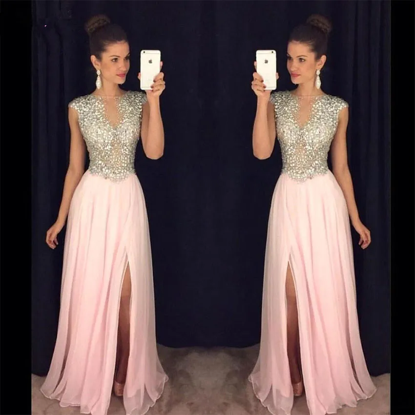 Backless Evening Dress Long 2019 A Line V Neck Beading Crystal with Slit Floor Length Chiffon Prom Dress Women Formal Party Gown Backless Evening Dress Long 2019 A Line V Neck Beading Crystal with Slit Floor Length Chiffon Prom Dress Women Formal Party Gown