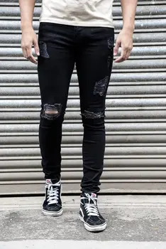 

Skinny Jeans for Men Scratched Denim Jeans Men Full Length Streetwear