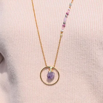 

Karma Healing Amethyst Pendant Necklace Long Chain Boho Neckalce