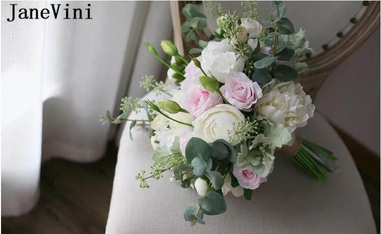 JaneVini, букет невесты в стиле бохо, Искусственные белые розовые розы, Свадебный букет невесты, Шелковый букет, пион, ramos de novia rosa