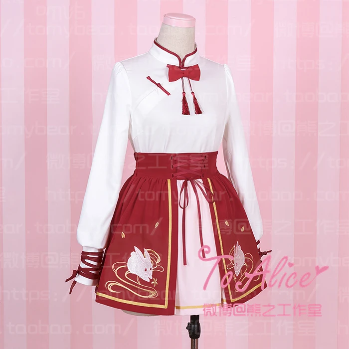

Kongfu Girl Chinese Style Lolita 2Pcs Set: Long Sleeve White Stand Collar Tassel Blouse Shirt + Red Rabbit Embroidery Mini Skirt