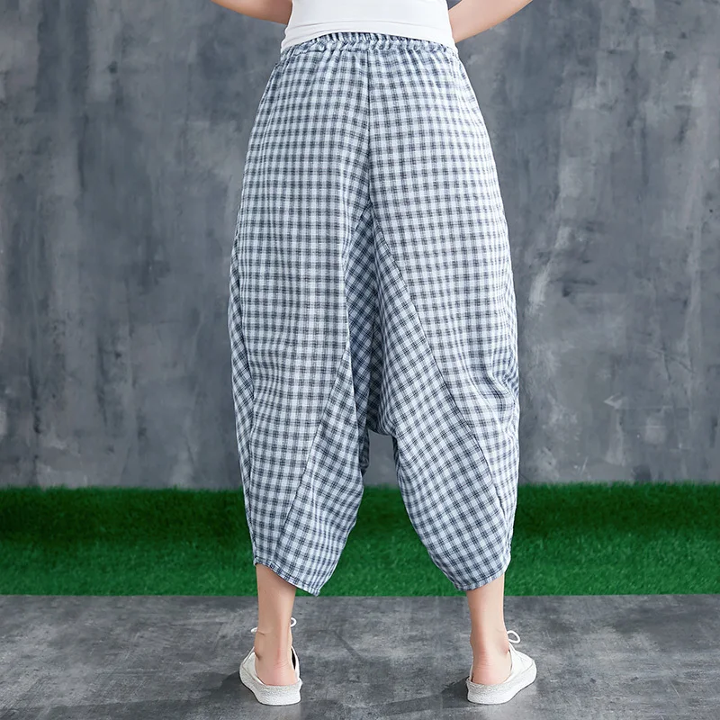 #0640 Summer Plaid Wide Leg Pants Women Elastic Waist Baggy Harem Cotton Linen Pants Vintage Korean Big Size Trousers Ladies #0640 Summer Plaid Wide Leg Pants Women Elastic Waist Baggy Harem Cotton Linen Pants Vintage Korean Big Size Trousers Ladies