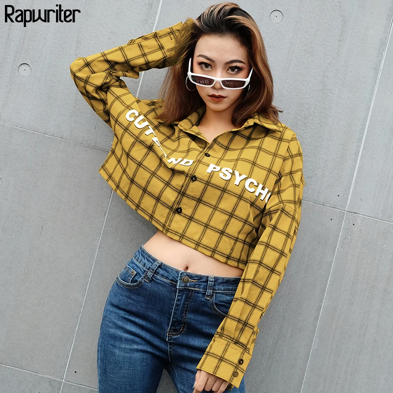 

Rapwriter Fashion Letter Plaid Jackets Shirt Women 2019 Spring streetwear Casual Turn-down Collar Long Sleeve Button Crop Tops