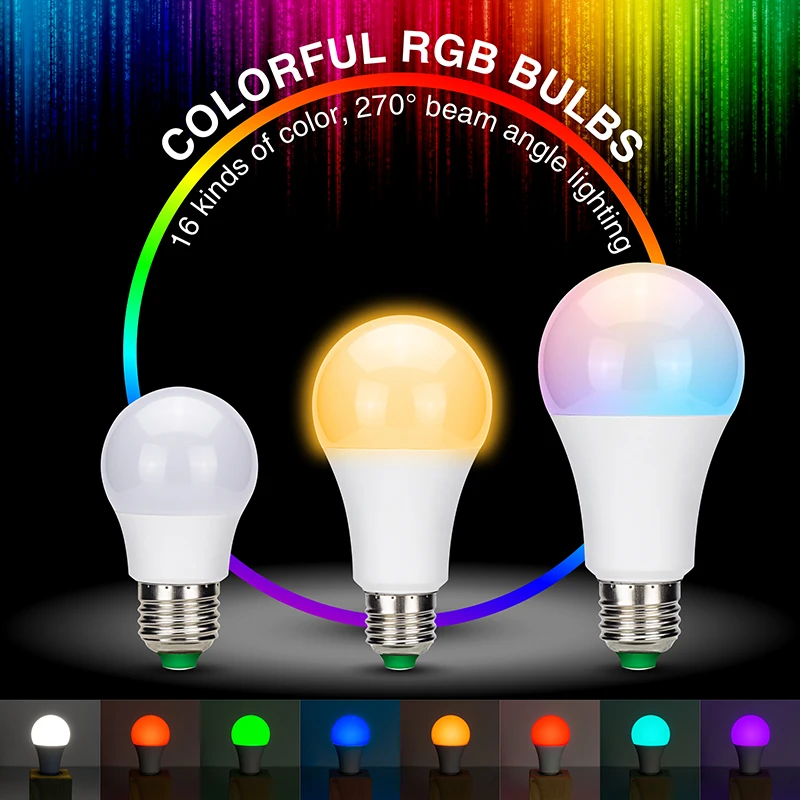 

Dimmable RGB LED Bulb Lamp 5W 10W 15W E27 AC85-265V 16 Colors Changeable LED RGB Lighting With Memory Function+IR Remote Control