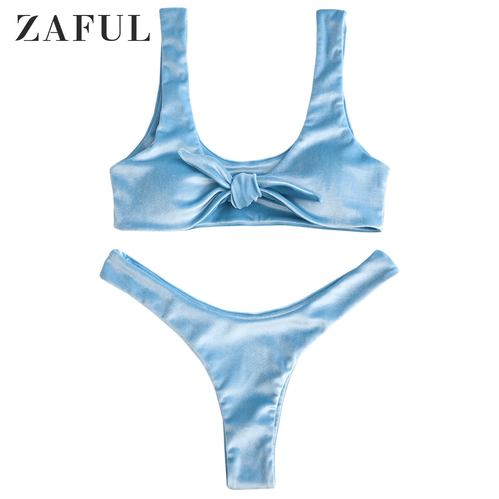 

ZAFUL Summer Sexy Swimwear Tie Knot Front Velvet High Cut Bikini Set Bathing Suit Wire Free Soft Padded Bra Swimsuit Beach Suits
