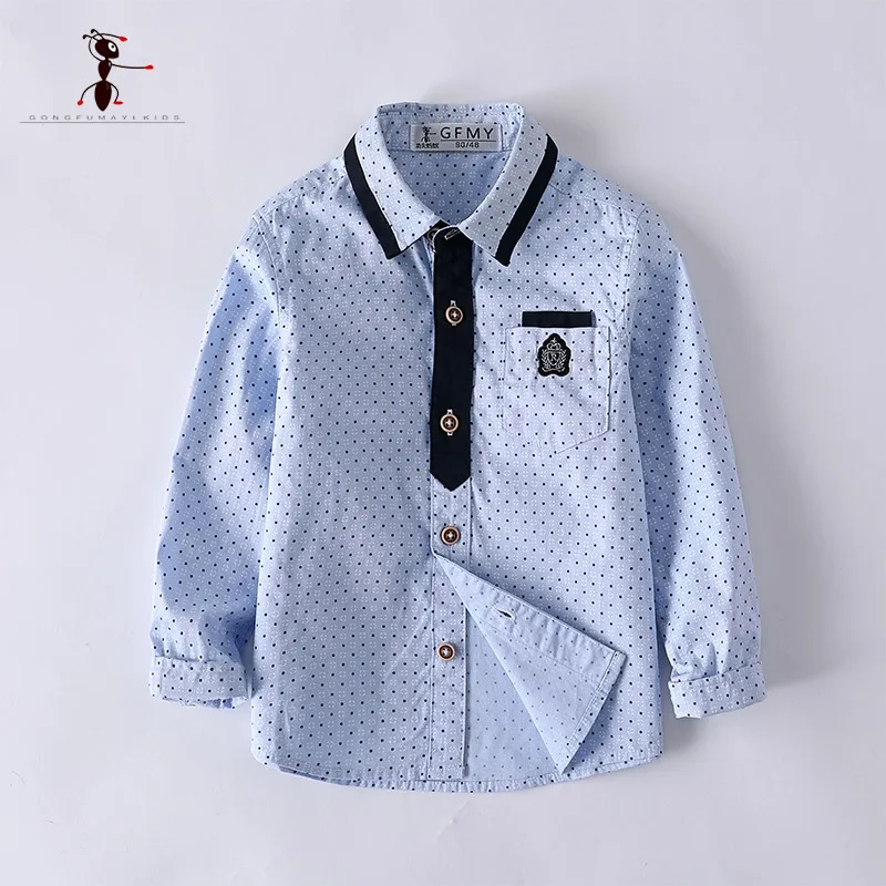 Школьная форма Kung Fu Ant, рубашки с отложным воротником и карманами синего и белого цвета, хлопковая классическая одежда в горошек для мальчиков, 2929 - Цвет: Blue