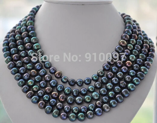 

LHX5568>>>>LONG 8-9mm round PEACOCK BLACK Freshwater pearl necklace 100inch