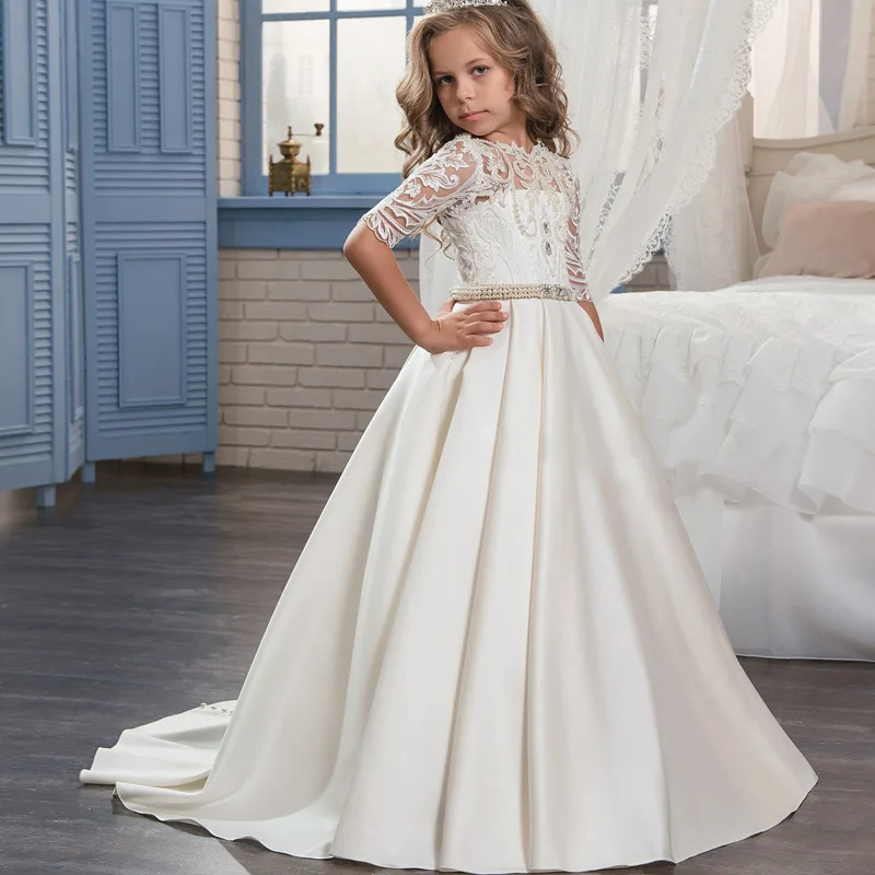 2019 Cheap Flower Girl Dresses Satin Lace Applique Beading Half Sleeve