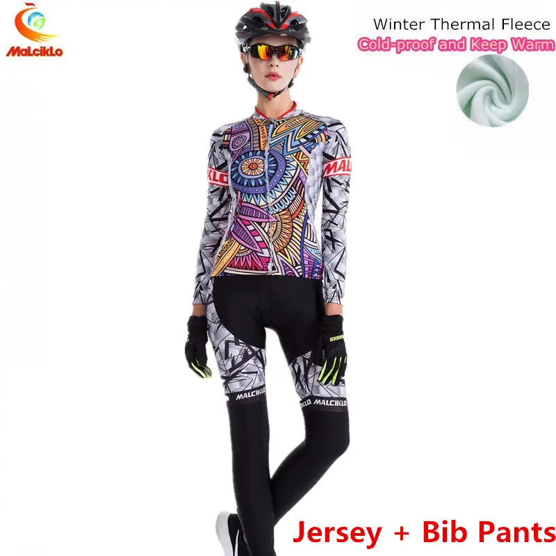 Malciklo цветные пятна Тепловая флисовая зимняя велосипедная одежда женская велосипедная одежда Pro Team Велоспорт Джерси набор - Цвет: Jersey and BIB Pants