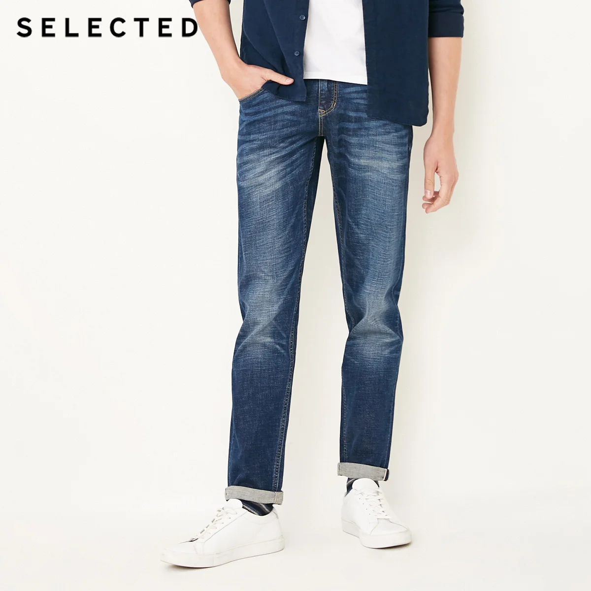 SELECTED Men's Autumn & Winter Cotton-blend Slight Stretch Straight Fit Jeans C|418132522