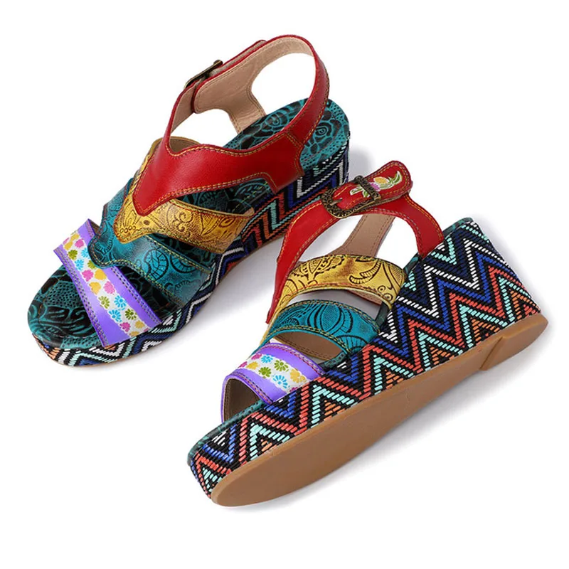 

2019 new handmade striped print leather female super comfortable thick-soled toe wedge sandals