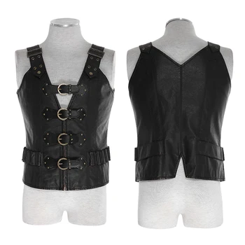 

Steampunk Army Uniform Clip Vest Men Leather Waistcoat With Zipper Gothic Brown V-Neck Vest Sleeveless Waistcoat With Buckles