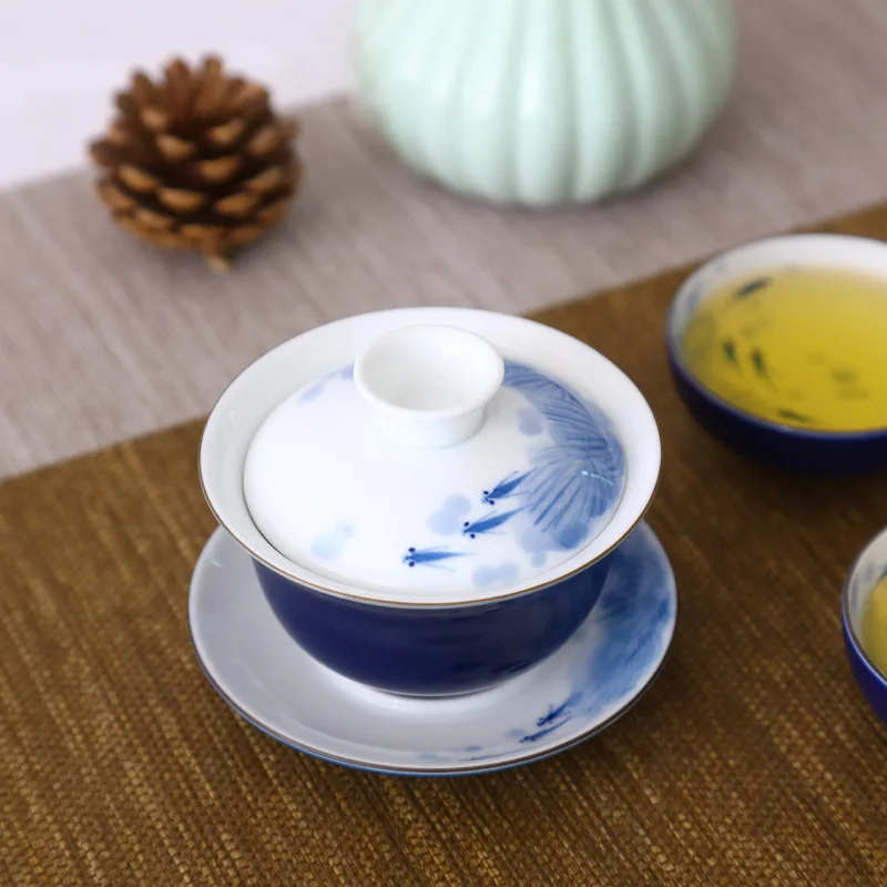 1 gaiwan+ шесть чайных чашек, ручная роспись, фарфоровая чашка для чая, голубая глазурь, под глазурью, цветная супница, китайский набор для кунг-фу, Новинка