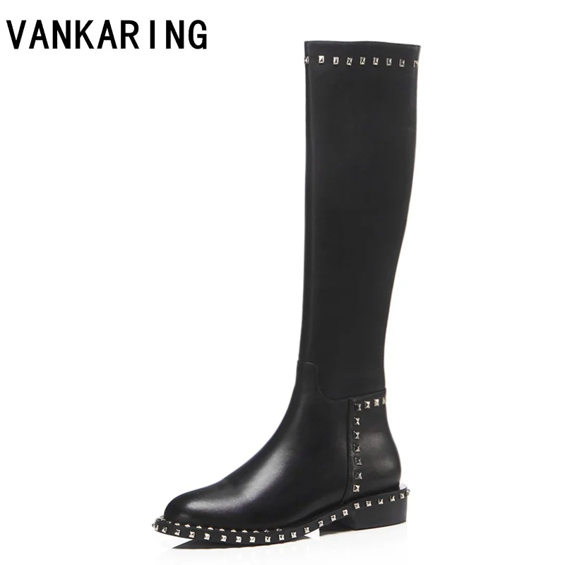 VANKARING winter motorcycle boots women genuine leather+pu thick heel