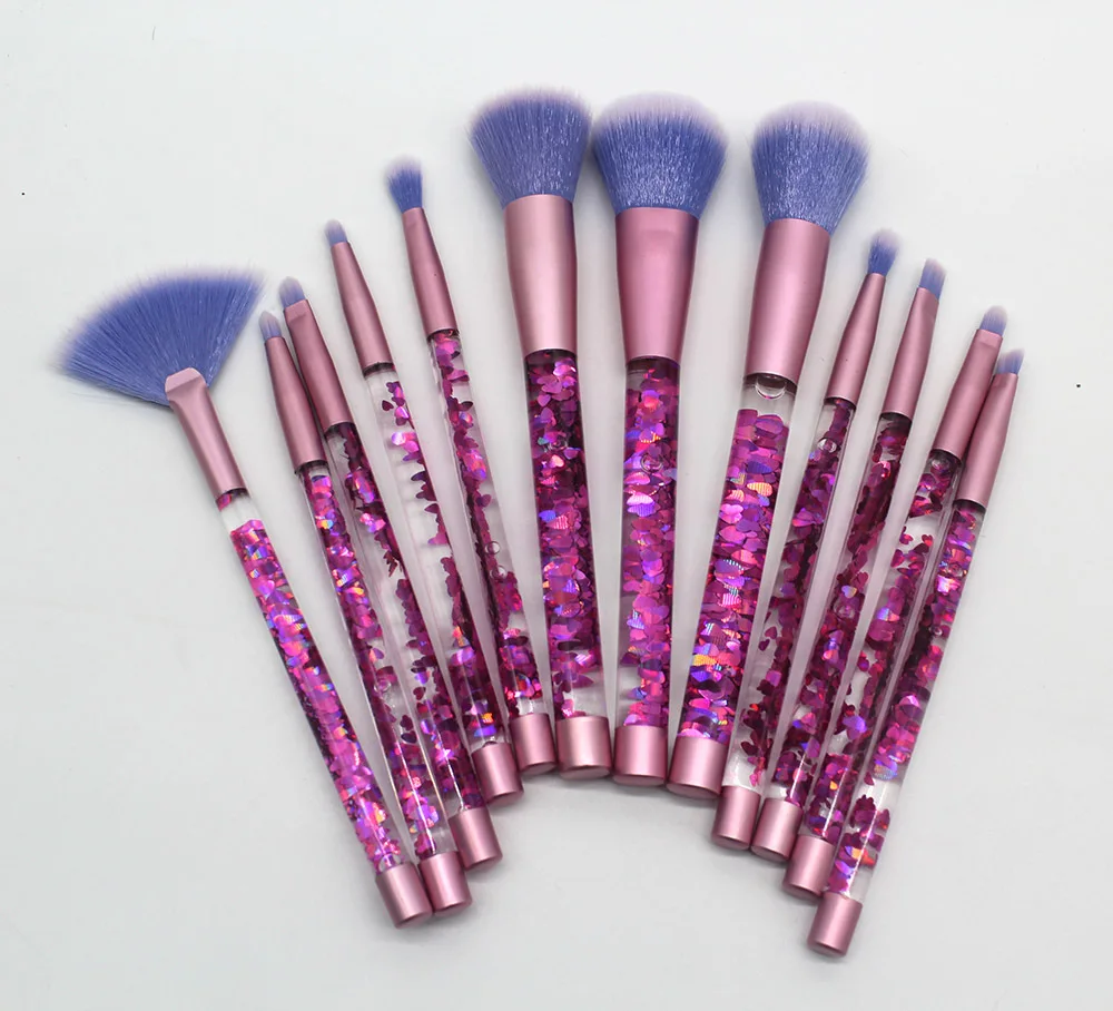 

JIEFUXIN 12Pcs Makeup Brushes Transparent Crystal Bling Bling Liquid Glitter Handle Brush Powder Foundation Make Up Brushes Set