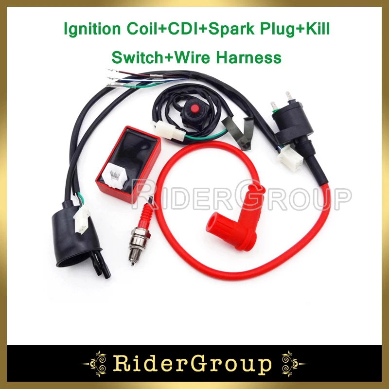 

Pit Dirt Bike Wiring Loom Harness Kill Switch Ignition Coil AC CDI Spark Plug 50 70 90 110 125 140 150 160 cc Horizortal Engine