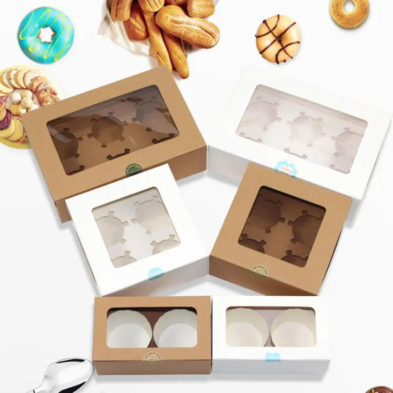 

10pcs/lot Cavities Kraft Paper White Boxes Muffin Box Cupcake Packaging Box with Bottom Bracket Pudding Pastry 2/4/6 Holes