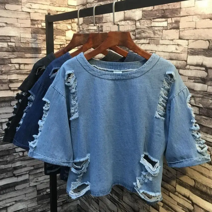 

Bat shirt T-shirt female half-sleeved short-sleeved loose denim shirt BF style