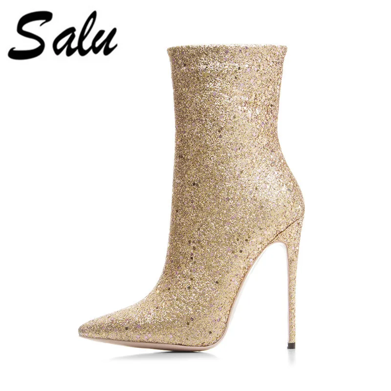 

Salu 2019 new Ankle Boots High Quality Genuine Leather Winter Boots bling Luxury Fur Female black Shoes Woman High Heel