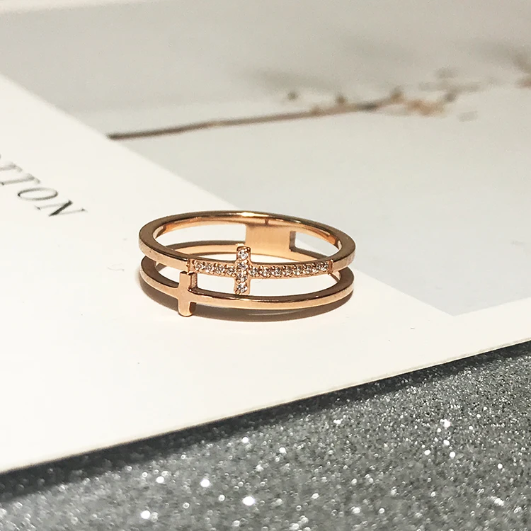 

YUN RUO New Arrival Fashion Double Cross Zircon Ring Rose Gold Color Woman Gift Titanium Steel Jewelry Never Fade Drop Shipping